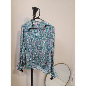 Omika Green And White Indian Block Print Collared Shirt For Women Small